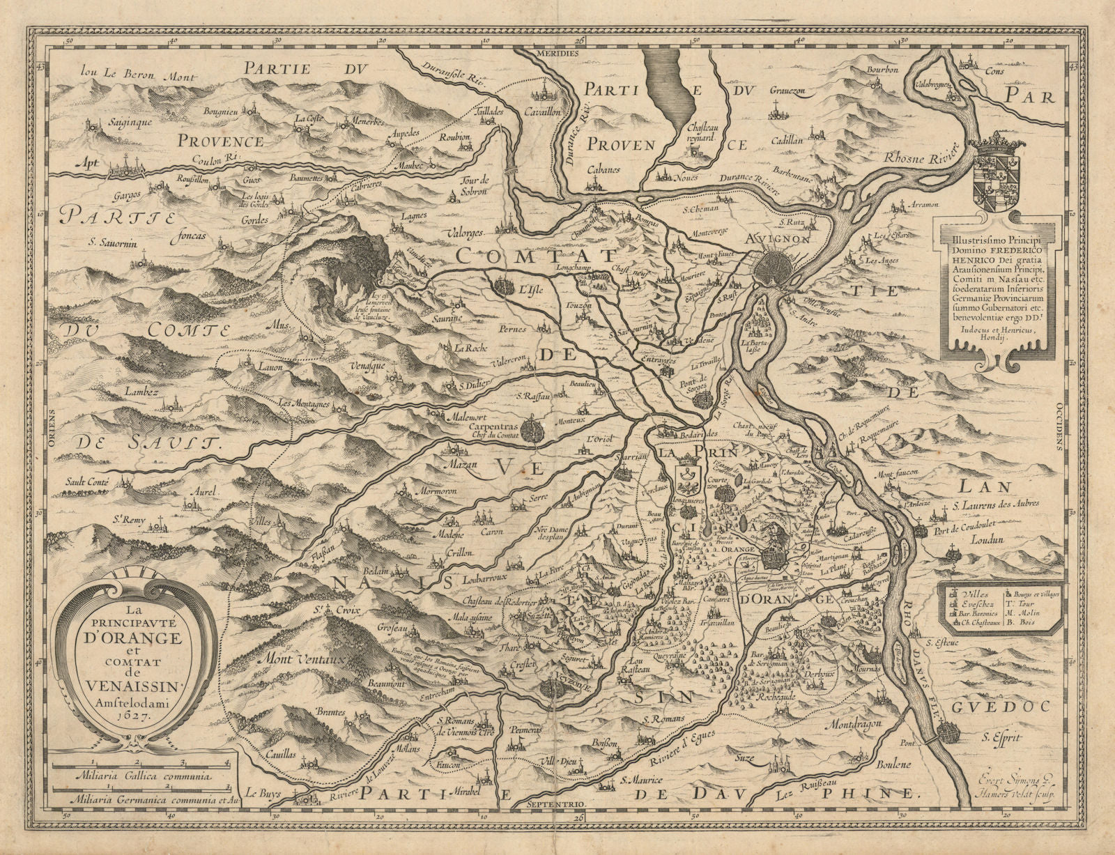 La Principauté d'Orange et Comtat de Venaissin. Vaucluse by Hondius 1627 map